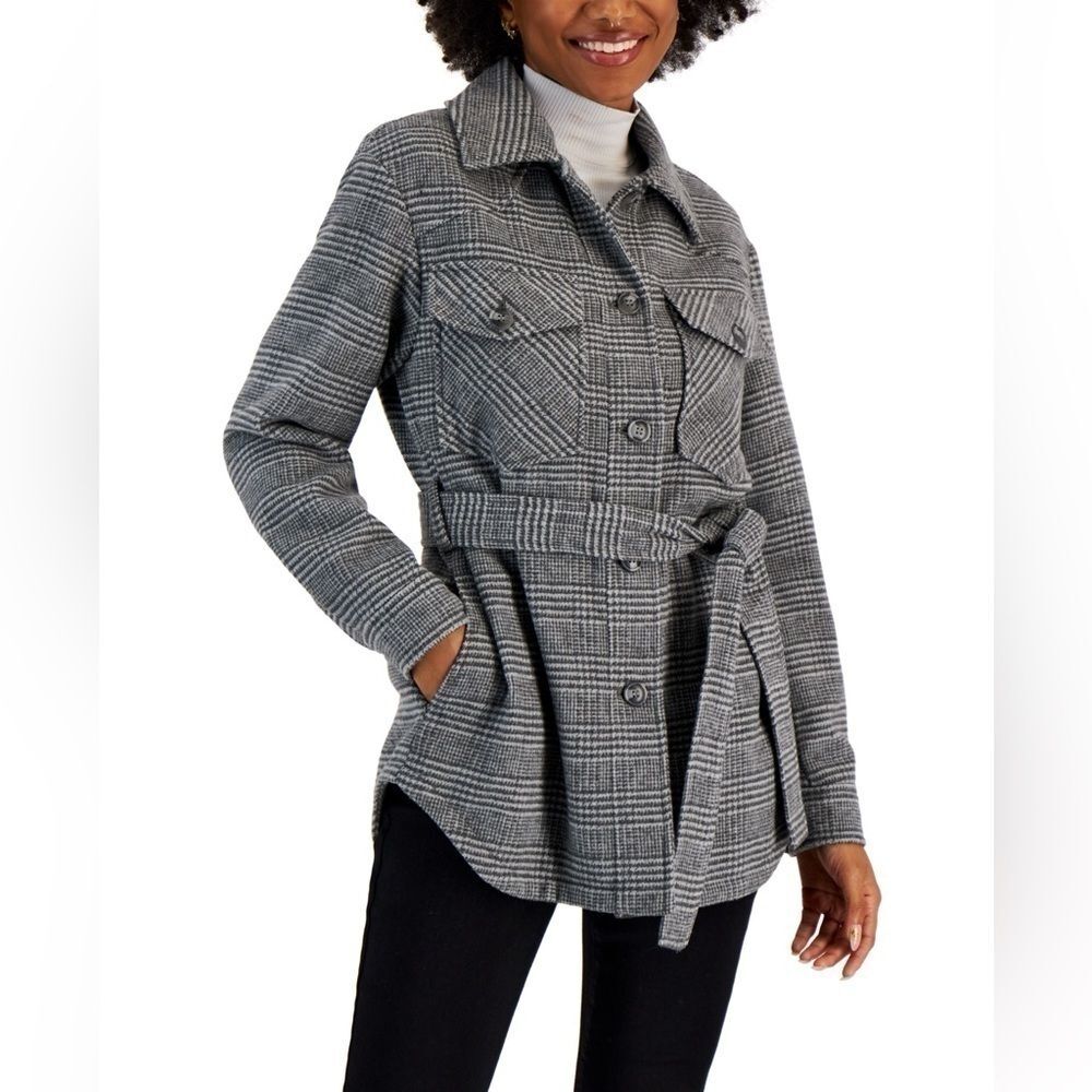 CoffeeShop Juniors' Belted Shirt Jacket,coat Grey Plaid size M
